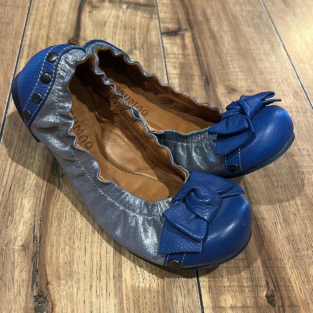 Aida Stenholm Handcrafted Leather Ballet Slippers Girls 12 Blue & Silver Studded